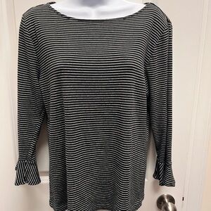 LAUREN Ralph Lauren Striped Ruffle Cuff Boat Neck Top XL Navy & White